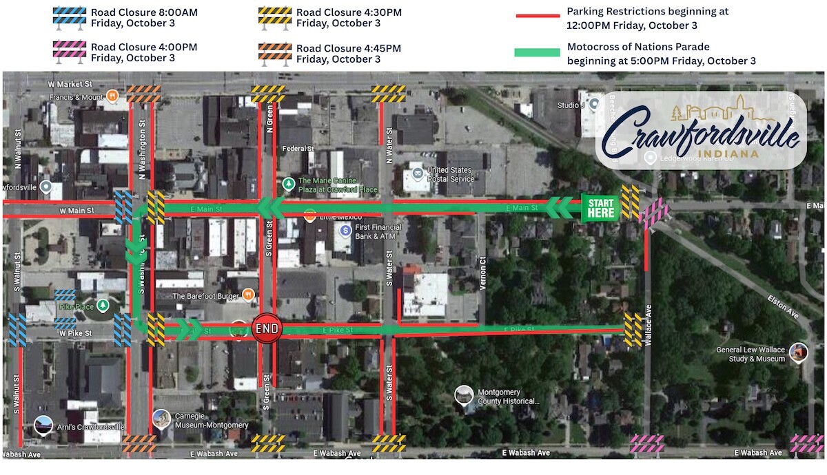 The Grand Parade route will traverse through the heart of Downtown Crawfordsville.