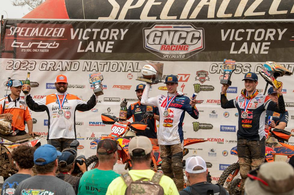 Jonathan Girroir (center), Steward Baylor (left) and Ben Kelley (right) rounded out the top three XC1 Open Pro finishers at the AMSOIL Hoosier.